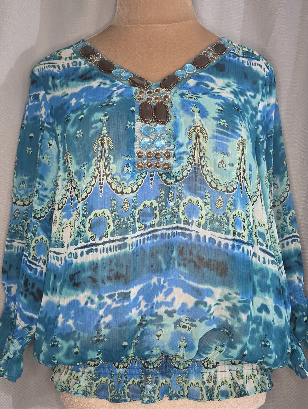 Marc Bouwer Embellished Blue Printed Boho Women’s Blouse Size M Medium